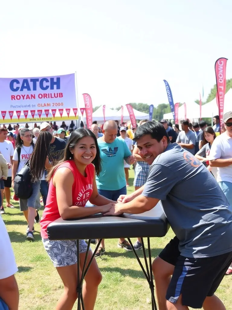 A photo of a community event organized by CATCH ROYAN ORION CLUB, showing participants of different ages and backgrounds engaging in a friendly competition.