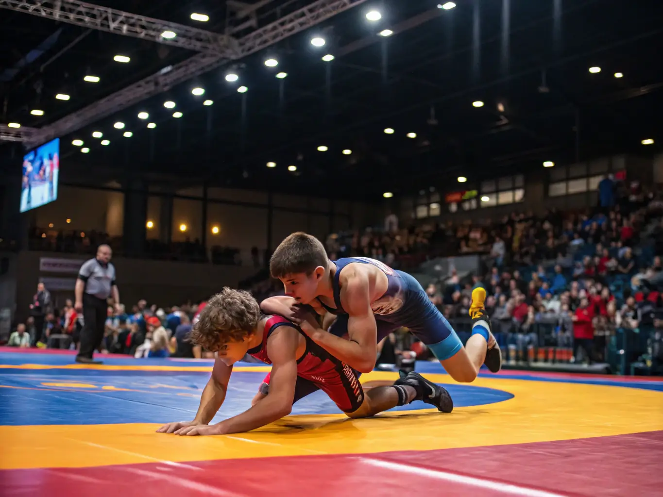 An energetic scene of a wrestling match with an enthusiastic audience, capturing the excitement of our events, emphasizing the thrill and community spirit of CATCH ROYAN ORION CLUB events.