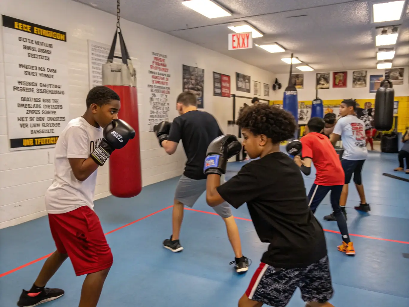 A group of CATCH ROYAN ORION CLUB members training together in a wrestling ring, showcasing teamwork and physical activity.
