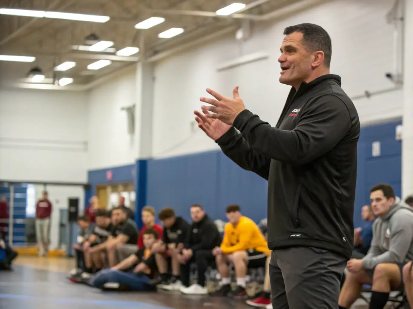 A focused image of a coach guiding a young athlete through a wrestling move, emphasizing the mentorship and personalized attention provided at CATCH ROYAN ORION CLUB.