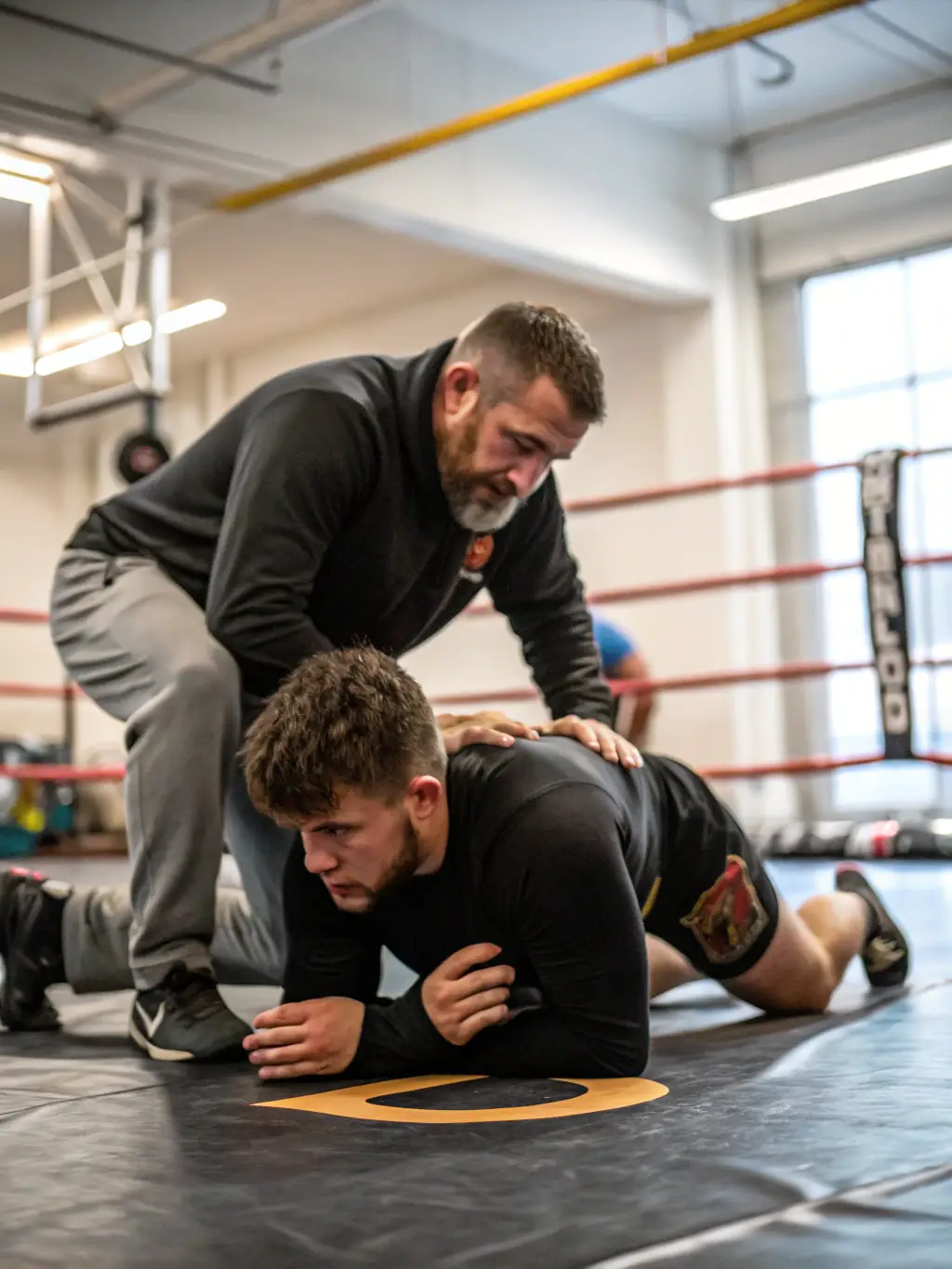 A focused image of a catch wrestling seminar at CATCH ROYAN ORION CLUB, highlighting the technical aspects and expert instruction.